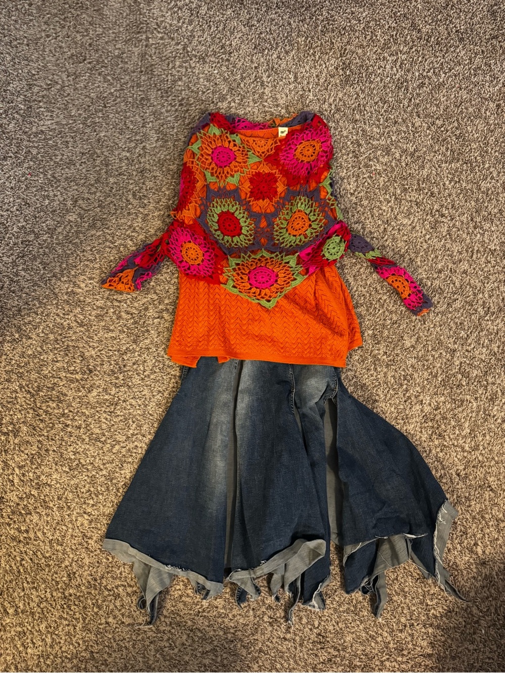 Boho Crochet Overlay & Orange Sweater with Denim Flare Skirt Set